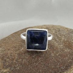 Sodalite Silver Ring, Sodalite 10mm Square Shape Gemstone Ring, 925 Sterling Silver Sodalite Ring, Bezel Set Gemstone Ring For Women