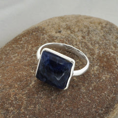 Sodalite Silver Ring, Sodalite 10mm Square Shape Gemstone Ring, 925 Sterling Silver Sodalite Ring, Bezel Set Gemstone Ring For Women
