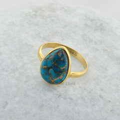 Copper Blue Turquoise Pear 10x14mm Gemstone Ring, Micron Gold Plated 925 Sterling Silver Ring, Christmas Gift Ring, Anniversary Gift For Her