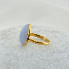 Blue Lace Agate Ring, Blue Lace Agate 10x14mm Pear Shape Gemstone Ring, Micron Gold Plated 925 Sterling Silver Gemstone Ring