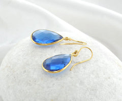 Quartz Drop Bezel Earrings, Sapphire Quartz 14x20mm Pear Gemstone Earrings, Gold Plated 925 Sterling Silver Earring, Wedding Gift Earring