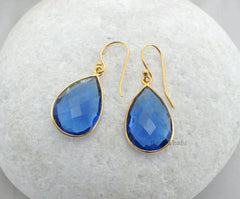 Quartz Drop Bezel Earrings, Sapphire Quartz 14x20mm Pear Gemstone Earrings, Gold Plated 925 Sterling Silver Earring, Wedding Gift Earring