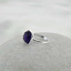 Handmade Silver Amethyst Ring, Amethyst Quartz 10mm Gemstone Ring, 925 Sterling Silver Cushion Ring, Christmas Gift Ring-Silver Boho Jewelry