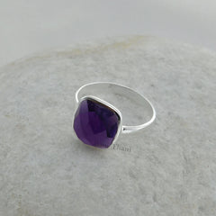 Handmade Silver Amethyst Ring, Amethyst Quartz 10mm Gemstone Ring, 925 Sterling Silver Cushion Ring, Christmas Gift Ring-Silver Boho Jewelry
