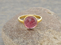 Pink Quartz Ring - Pink Quartz 10mm Round Gemstone Bezel Ring - 925 Sterling Silver Ring - Gold Plated Pink Quartz Ring - Ring for Womens