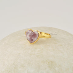 Natural Lepidolite Ring - 10mm Heart Shape Gemstone Ring - Sterling Silver Ring - 18k Gold Plated - Jewelry Gift for Bride - Handmade Rings