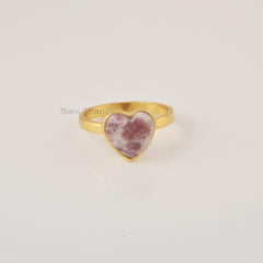 Natural Lepidolite Ring - 10mm Heart Shape Gemstone Ring - Sterling Silver Ring - 18k Gold Plated - Jewelry Gift for Bride - Handmade Rings