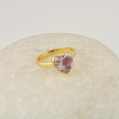 Natural Lepidolite Ring - 10mm Heart Shape Gemstone Ring - Sterling Silver Ring - 18k Gold Plated - Jewelry Gift for Bride - Handmade Rings