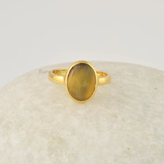 Natural Tiger Eye Ring, 9x11mm Oval Gemstone Silver Ring, 18k Gold Plated Ring Jewelry, 925 Sterling Silver Bezel Ring, Gemstone Jewelry