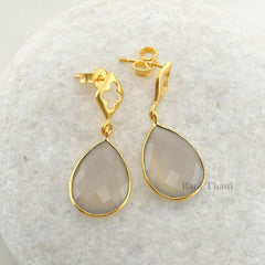 Handmade Designer Earring-Grey Chalcedony 12x16mm Pear Gemstone Drop Earrings-Gold Plated 925 Sterling Silver Earring-Christmas Gift Earring