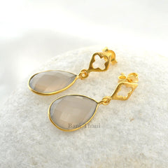 Handmade Designer Earring-Grey Chalcedony 12x16mm Pear Gemstone Drop Earrings-Gold Plated 925 Sterling Silver Earring-Christmas Gift Earring