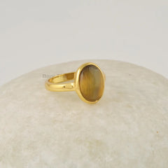 Natural Tiger Eye Ring, 9x11mm Oval Gemstone Silver Ring, 18k Gold Plated Ring Jewelry, 925 Sterling Silver Bezel Ring, Gemstone Jewelry