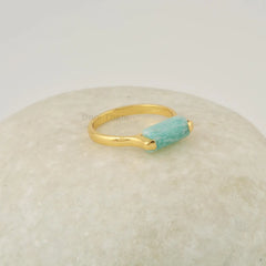 Natural Green Amazonite 5x11 mm Rectangle Shape Gemstone Ring, 18k Gold Plated Ring, Gemstone Silver Rings For Wife, Gift For Mother