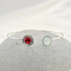 Aqua Chalcedony and Pink Quartz Gemstone Cuff Bracelet- 925 Sterling Silver Bangle Jewelry-Bangle Bracelet-Delicate Bracelet-Christmas Gift