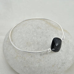 Black Onyx Beautiful 18mm Diamond Cut Faceted 925 Sterling Silver Bangle, Diamond Cut Bracelet For Women