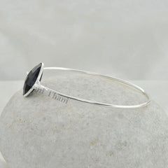 Black Onyx Beautiful 18mm Diamond Cut Faceted 925 Sterling Silver Bangle, Diamond Cut Bracelet For Women