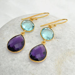 Aqua Quartz 10mm and Amethyst Quartz 12mm x 16mm Faceted Micron Gold Plated 925 Sterling Silver Earrings