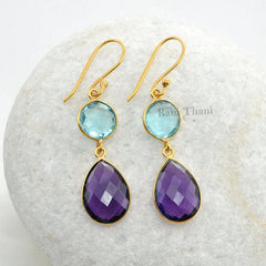 Aqua Quartz 10mm and Amethyst Quartz 12mm x 16mm Faceted Micron Gold Plated 925 Sterling Silver Earrings