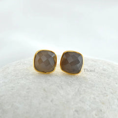 Grey Chalcedony Stud Earrings - Pure Silver - Handcrafted Studs - 9mm Faceted Cushion - Fashion Jewelry - Gift For Women - Jewelry For Lady