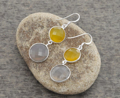 Yellow Chalcedony 12mm and Grey Chalcedony 15mm Round Gemstone Drop Earrings, 925 Sterling Silver Earrings, Hook Earrings, Dangle Earrings