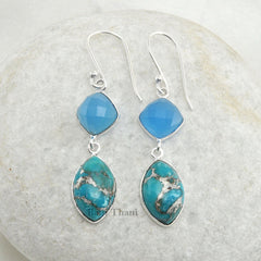 Blue Chalcedony and Silver Blue Turquoise Gemstone Earrings 925 Sterling Silver Dangle Earrings