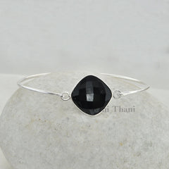 Black Onyx Beautiful 18mm Diamond Cut Faceted 925 Sterling Silver Bangle, Diamond Cut Bracelet For Women