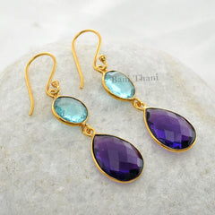Aqua Quartz 10mm and Amethyst Quartz 12mm x 16mm Faceted Micron Gold Plated 925 Sterling Silver Earrings