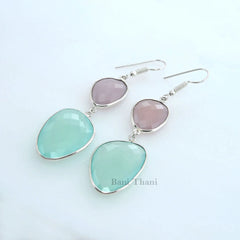 Pink Chalcedony and Aqua Chalcedony Gemstone Earrings 925 Sterling Silver Dangle Earrings