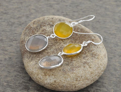 Yellow Chalcedony 12mm and Grey Chalcedony 15mm Round Gemstone Drop Earrings, 925 Sterling Silver Earrings, Hook Earrings, Dangle Earrings