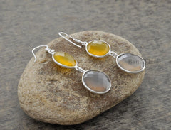 Yellow Chalcedony 12mm and Grey Chalcedony 15mm Round Gemstone Drop Earrings, 925 Sterling Silver Earrings, Hook Earrings, Dangle Earrings