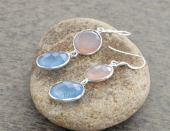 Chalcedony Round Gemstone Dangle Earring - 925 Sterling Silver Drop Bezel Earring - Christmas Gift Earring - Handmade Earring - Gift for Her