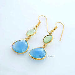 Chalcedony Round and Heart Gemstone Drop Earrings, 18k Gold Plated Sterling Silver Hook Earrings, Womens Gift Earrings, Delicate Earrings