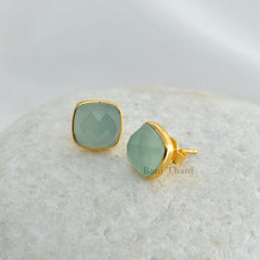 Aqua Chalcedony Stud Earrings - Solid Silver - Gold Plated Studs - 9mm Cushion - High Quality Jewelry - Gift For Niece - Jewelry For Girls