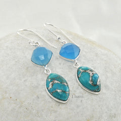 Blue Chalcedony and Silver Blue Turquoise Gemstone Earrings 925 Sterling Silver Dangle Earrings