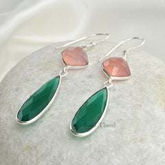 Genuine Pink Chalcedony and Green Onyx Long Pear Gemstone 925 Sterling Silver Dangle Earring