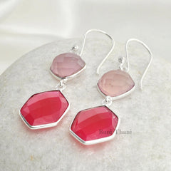 Pink Chalcedony Drop Earrings, Chalcedony Cushion and Hexagon Gemstone Earrings, 925 Sterling Silver Dangle Earring, Wedding Gift Earrings