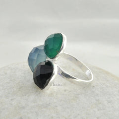 Multi Stone Ring - Green Onyx, Blue Chalcedony Gemstone Ring - 925 Sterling Silver Handmade Rings Jewelry - Boho Ring for Women