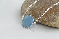Blue Chalcedony 15mm Round Gemstone Bezel Necklace, 925 Sterling Silver Necklace, Handmade Necklace, Chain Necklace, Birthday Gift Necklace