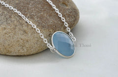 Blue Chalcedony 15mm Round Gemstone Bezel Necklace, 925 Sterling Silver Necklace, Handmade Necklace, Chain Necklace, Birthday Gift Necklace