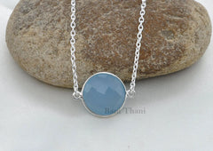 Blue Chalcedony 15mm Round Gemstone Bezel Necklace, 925 Sterling Silver Necklace, Handmade Necklace, Chain Necklace, Birthday Gift Necklace