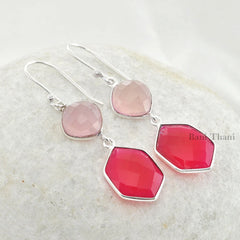 Pink Chalcedony Drop Earrings, Chalcedony Cushion and Hexagon Gemstone Earrings, 925 Sterling Silver Dangle Earring, Wedding Gift Earrings