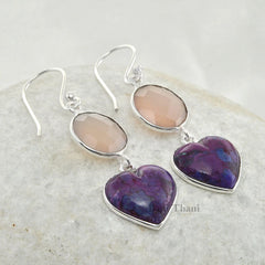 Pink Chalcedony, Purple Turquoise Drop Earrings - 925 Sterling Silver Handmade Dangle Earring - Wedding Gift Earring- Bridal Earring Jewelry