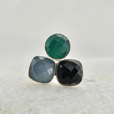Multi Stone Ring - Green Onyx, Blue Chalcedony Gemstone Ring - 925 Sterling Silver Handmade Rings Jewelry - Boho Ring for Women
