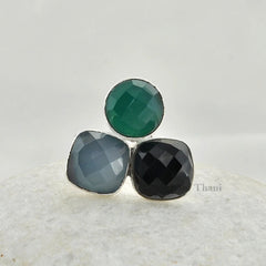 Multi Stone Ring - Green Onyx, Blue Chalcedony Gemstone Ring - 925 Sterling Silver Handmade Rings Jewelry - Boho Ring for Women