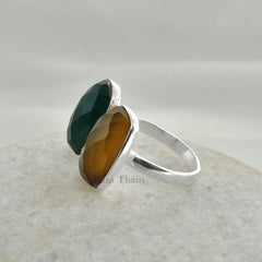 Green Onyx, Yellow Chalcedony Open Ring - Front Open Ring Silver - Sterling Silver Ring - Adjustable Ring - Handmade Ring - Gift Her Women