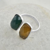 Green Onyx, Yellow Chalcedony Open Ring - Front Open Ring Silver - Sterling Silver Ring - Adjustable Ring - Handmade Ring - Gift Her Women