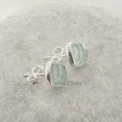 Beautiful Aqua Chalcedony Faceted 7mm Heart Gemstone Stud Earrings, 925 Sterling Silver Stud Earrings, Womens Gift Earring, Christmas Gift