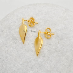 Handmade Plain Silver Leaf Design Stud Earrings-18k Gold Plated Sterling Silver Earrings-Elegant Earrings-Christmas Gift Earrings