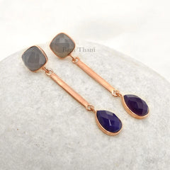 Grey Chalcedony and Amethyst Chalcedony Gemstone Drop Earrings, Rose Gold Plated 925 Sterling Silver Dangle Earrings, Womens Gift Earrings