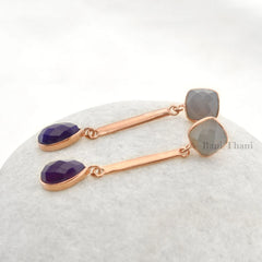 Grey Chalcedony and Amethyst Chalcedony Gemstone Drop Earrings, Rose Gold Plated 925 Sterling Silver Dangle Earrings, Womens Gift Earrings